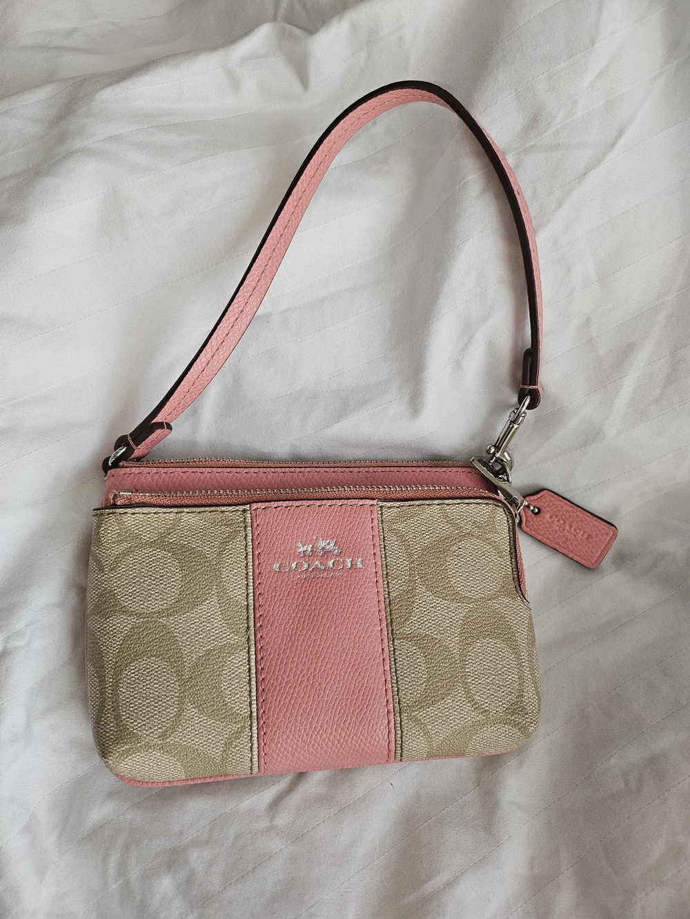 Coach Beige Signature Canvas Wristlet with Pink Leather Trim